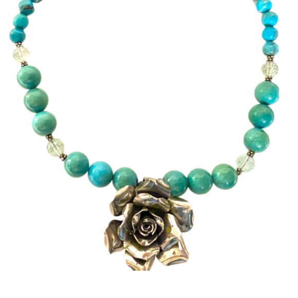 Sterling Silver Flower & Turquoise Beaded Necklace - Picture 1 of 9